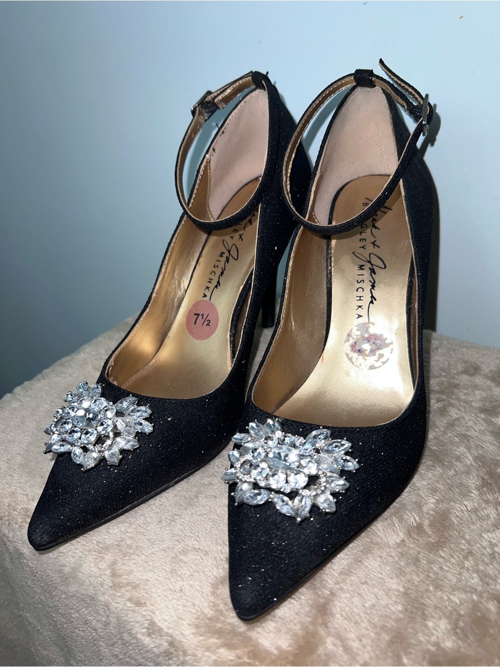 Badgley Mischka Black Crystal-Embellished Ankle-Strap Pumps